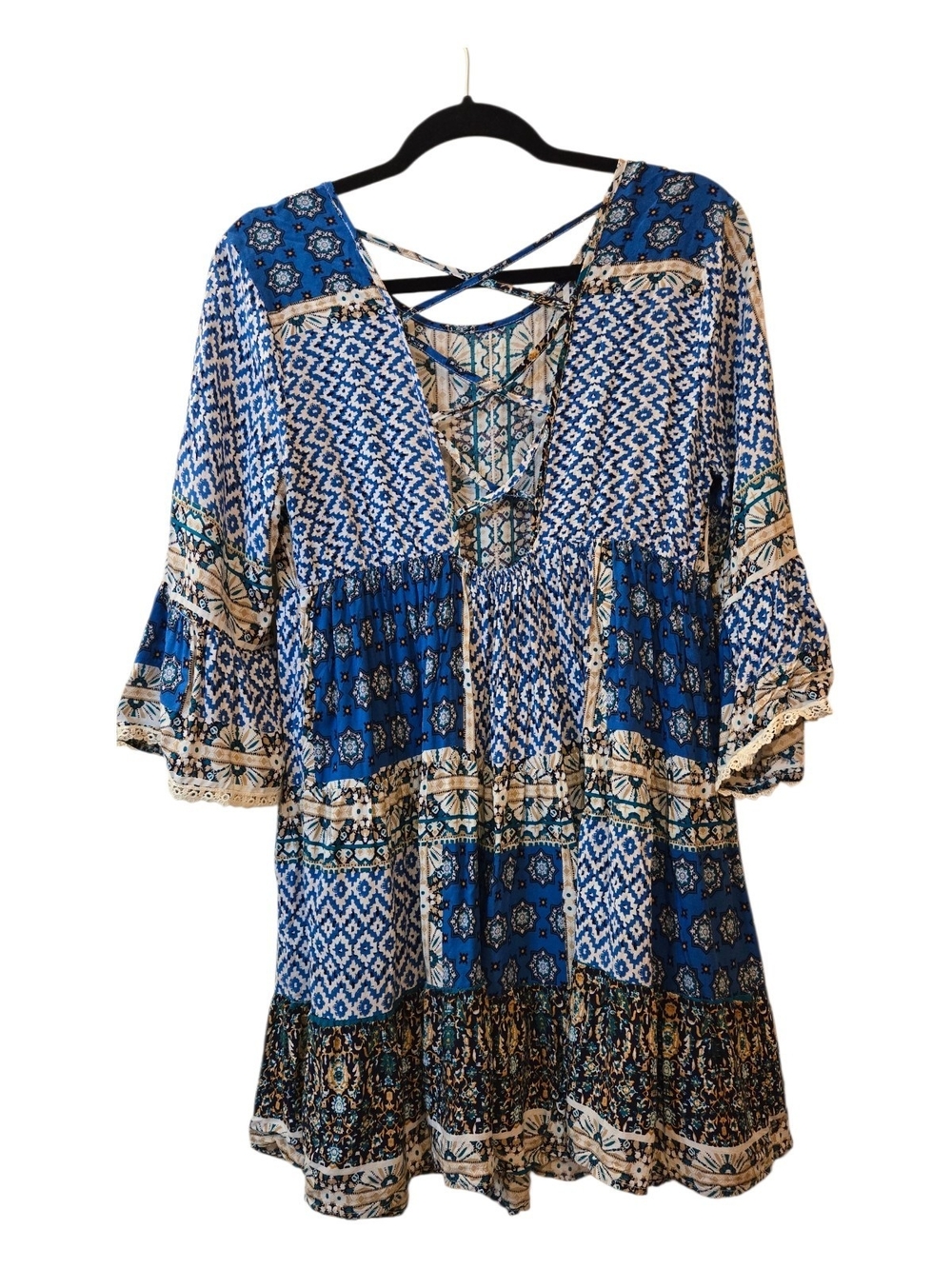 Umgee Mixed Print Blue Peasant Bohemian Tunic Dress with Crisscross Back Size S - Picture 3 of 14
